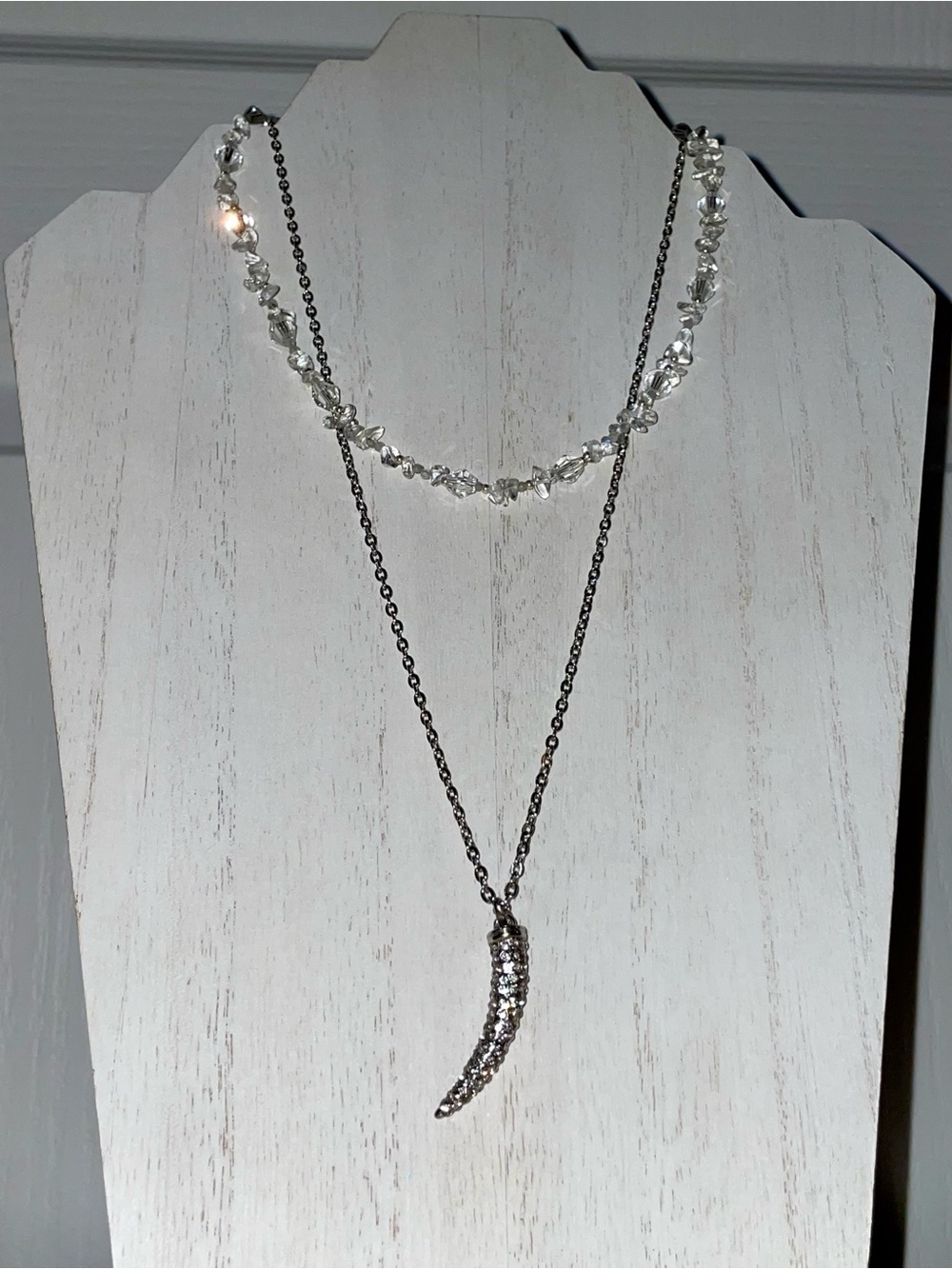 Layered Clear Quartz Choker & Silver Pave Horn Pendant Necklace Set